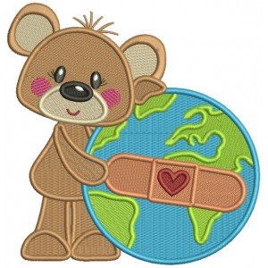 Cute Bear Hugging Globe With Bandaid Filled Machine Embroidery Design Digitized Pattern